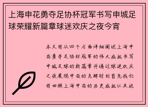上海申花勇夺足协杯冠军书写申城足球荣耀新篇章球迷欢庆之夜今宵