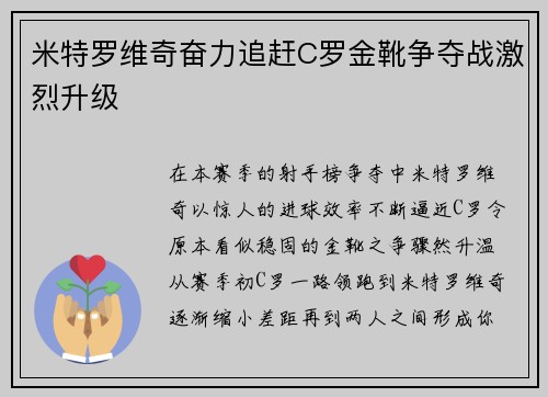 米特罗维奇奋力追赶C罗金靴争夺战激烈升级